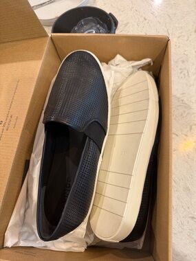 Vince Black Perforated Leather Slip-On Sneakers with White Sole
